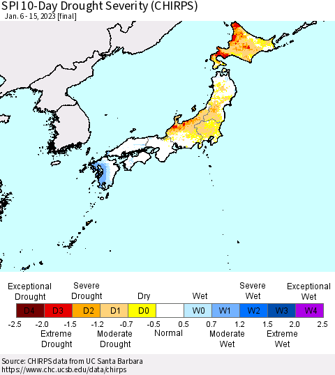 Japan SPI 10-Day Drought Severity (CHIRPS) Thematic Map For 1/6/2023 - 1/15/2023