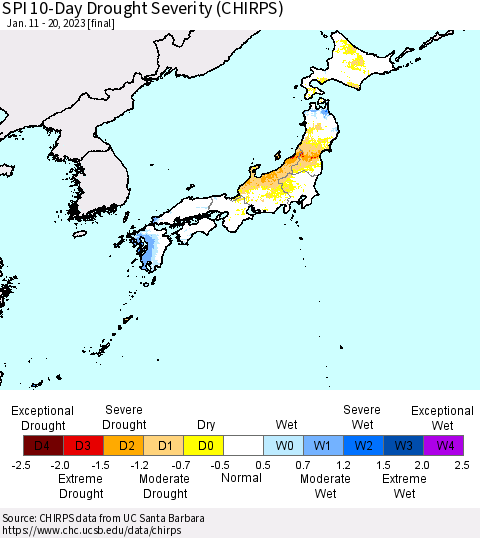 Japan SPI 10-Day Drought Severity (CHIRPS) Thematic Map For 1/11/2023 - 1/20/2023