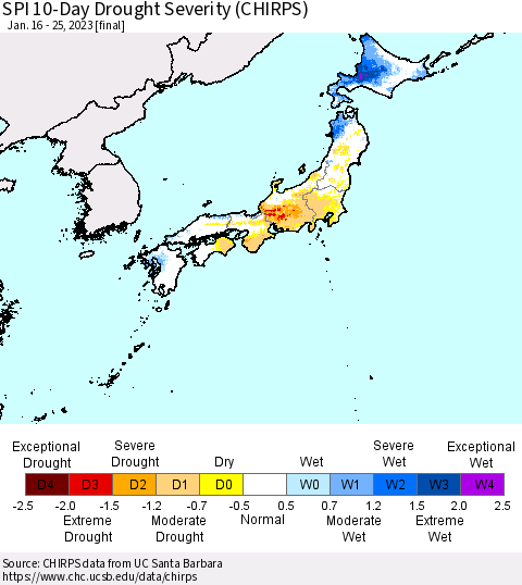 Japan SPI 10-Day Drought Severity (CHIRPS) Thematic Map For 1/16/2023 - 1/25/2023