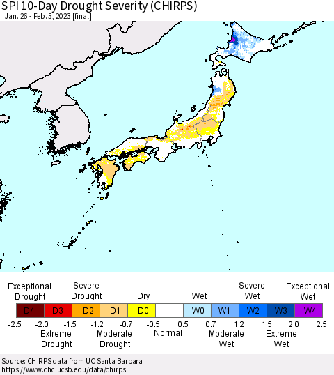 Japan SPI 10-Day Drought Severity (CHIRPS) Thematic Map For 1/26/2023 - 2/5/2023
