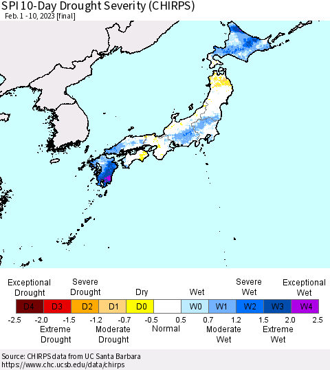 Japan SPI 10-Day Drought Severity (CHIRPS) Thematic Map For 2/1/2023 - 2/10/2023