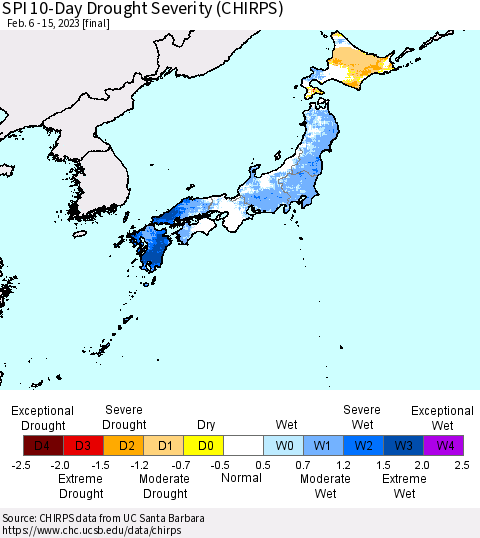 Japan SPI 10-Day Drought Severity (CHIRPS) Thematic Map For 2/6/2023 - 2/15/2023