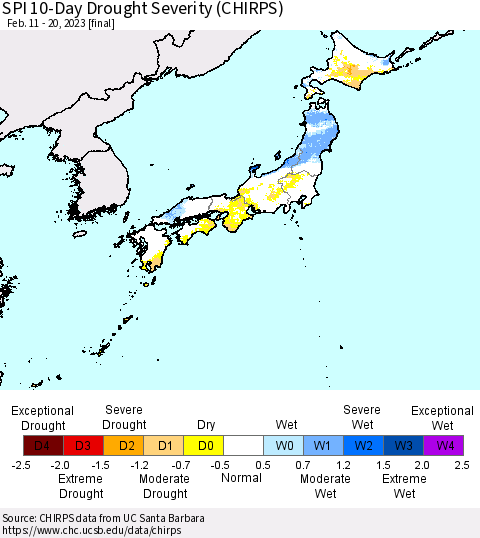 Japan SPI 10-Day Drought Severity (CHIRPS) Thematic Map For 2/11/2023 - 2/20/2023