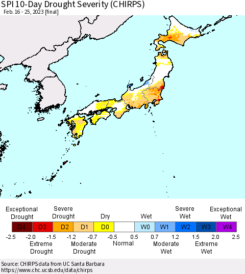 Japan SPI 10-Day Drought Severity (CHIRPS) Thematic Map For 2/16/2023 - 2/25/2023