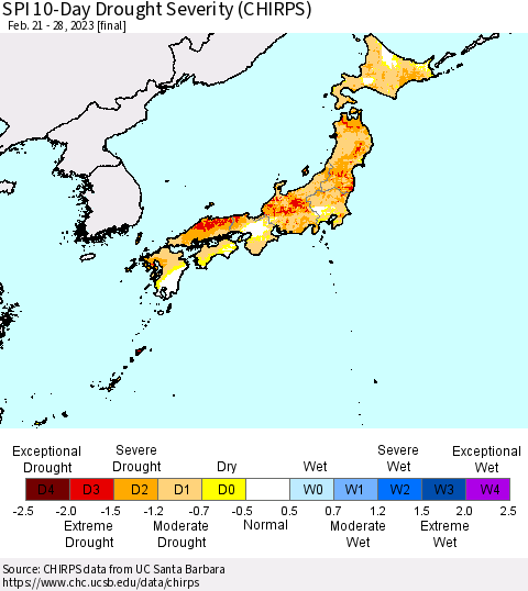 Japan SPI 10-Day Drought Severity (CHIRPS) Thematic Map For 2/21/2023 - 2/28/2023