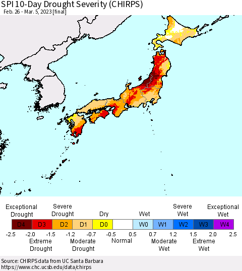 Japan SPI 10-Day Drought Severity (CHIRPS) Thematic Map For 2/26/2023 - 3/5/2023