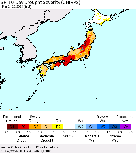 Japan SPI 10-Day Drought Severity (CHIRPS) Thematic Map For 3/1/2023 - 3/10/2023