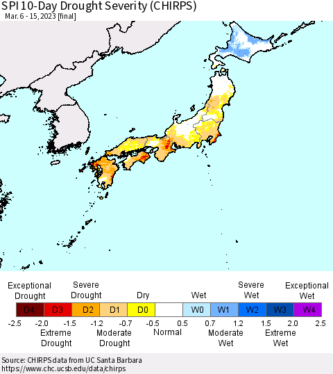 Japan SPI 10-Day Drought Severity (CHIRPS) Thematic Map For 3/6/2023 - 3/15/2023