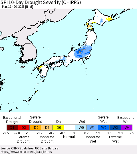 Japan SPI 10-Day Drought Severity (CHIRPS) Thematic Map For 3/11/2023 - 3/20/2023