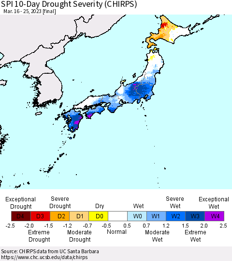Japan SPI 10-Day Drought Severity (CHIRPS) Thematic Map For 3/16/2023 - 3/25/2023