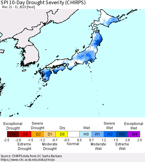 Japan SPI 10-Day Drought Severity (CHIRPS) Thematic Map For 3/21/2023 - 3/31/2023