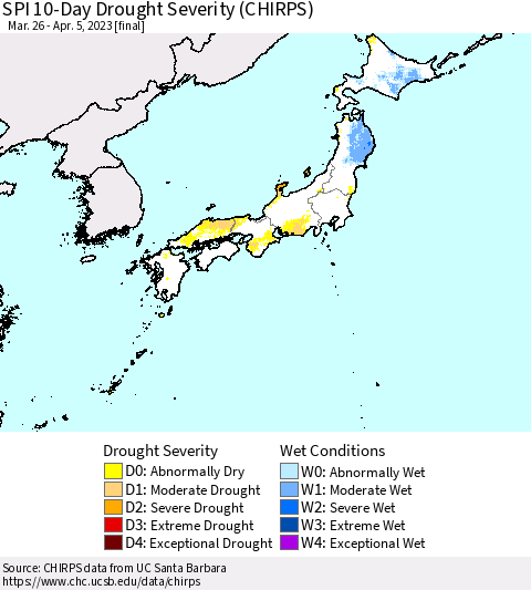 Japan SPI 10-Day Drought Severity (CHIRPS) Thematic Map For 3/26/2023 - 4/5/2023