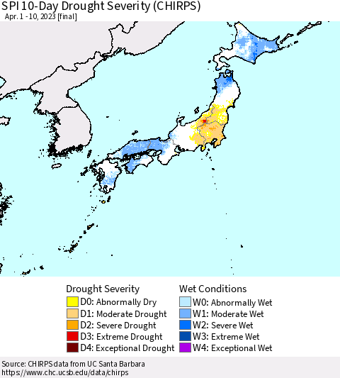 Japan SPI 10-Day Drought Severity (CHIRPS) Thematic Map For 4/1/2023 - 4/10/2023