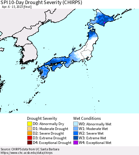 Japan SPI 10-Day Drought Severity (CHIRPS) Thematic Map For 4/6/2023 - 4/15/2023