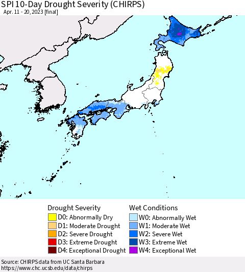 Japan SPI 10-Day Drought Severity (CHIRPS) Thematic Map For 4/11/2023 - 4/20/2023