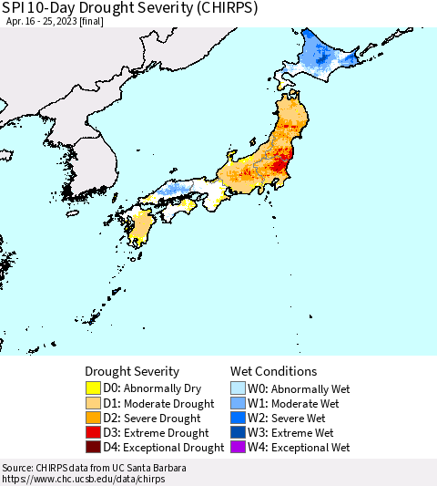 Japan SPI 10-Day Drought Severity (CHIRPS) Thematic Map For 4/16/2023 - 4/25/2023