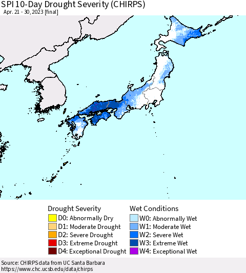 Japan SPI 10-Day Drought Severity (CHIRPS) Thematic Map For 4/21/2023 - 4/30/2023