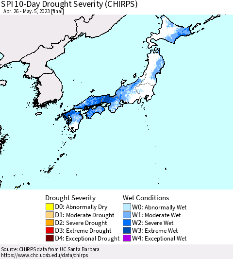 Japan SPI 10-Day Drought Severity (CHIRPS) Thematic Map For 4/26/2023 - 5/5/2023