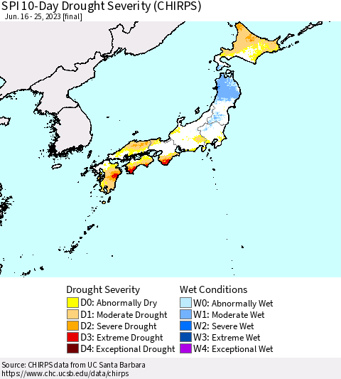 Japan SPI 10-Day Drought Severity (CHIRPS) Thematic Map For 6/16/2023 - 6/25/2023
