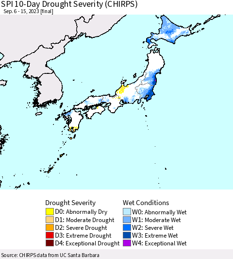 Japan SPI 10-Day Drought Severity (CHIRPS) Thematic Map For 9/6/2023 - 9/15/2023