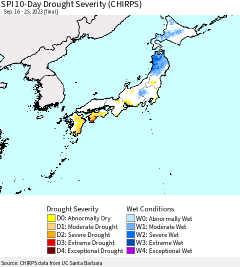 Japan SPI 10-Day Drought Severity (CHIRPS) Thematic Map For 9/16/2023 - 9/25/2023