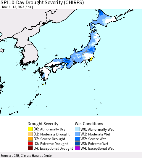 Japan SPI 10-Day Drought Severity (CHIRPS) Thematic Map For 11/6/2023 - 11/15/2023