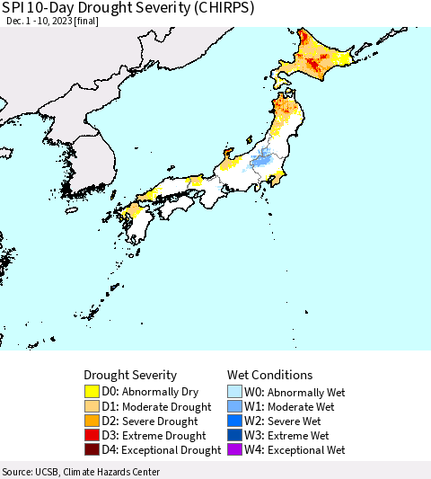 Japan SPI 10-Day Drought Severity (CHIRPS) Thematic Map For 12/1/2023 - 12/10/2023