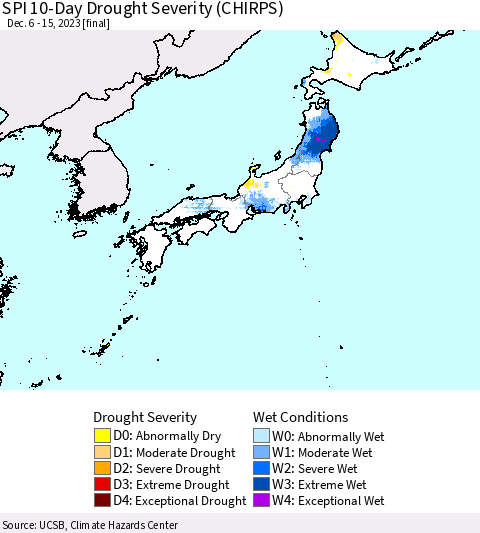 Japan SPI 10-Day Drought Severity (CHIRPS) Thematic Map For 12/6/2023 - 12/15/2023