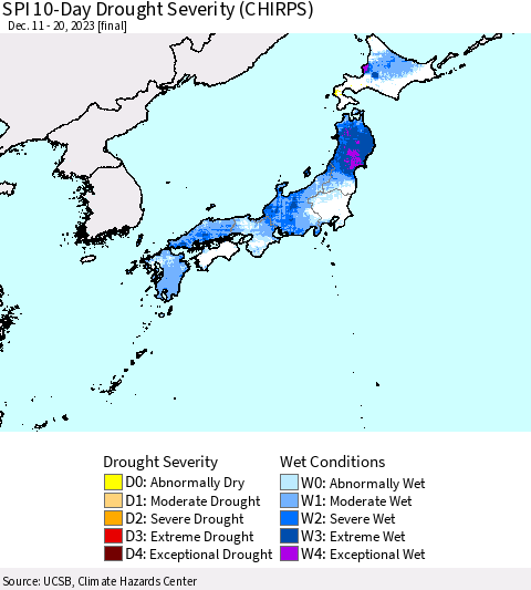 Japan SPI 10-Day Drought Severity (CHIRPS) Thematic Map For 12/11/2023 - 12/20/2023