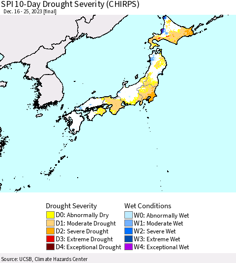 Japan SPI 10-Day Drought Severity (CHIRPS) Thematic Map For 12/16/2023 - 12/25/2023
