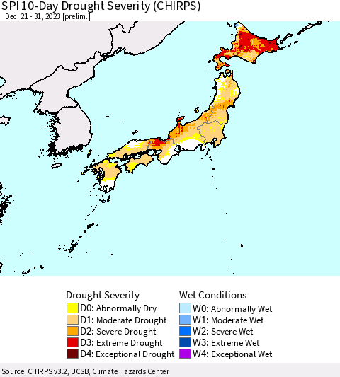 Japan SPI 10-Day Drought Severity (CHIRPS) Thematic Map For 12/21/2023 - 12/31/2023