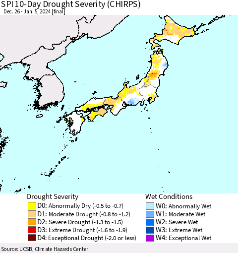 Japan SPI 10-Day Drought Severity (CHIRPS) Thematic Map For 12/26/2023 - 1/5/2024