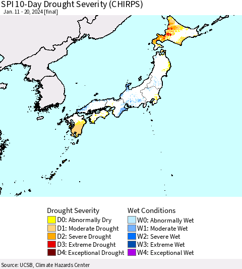 Japan SPI 10-Day Drought Severity (CHIRPS) Thematic Map For 1/11/2024 - 1/20/2024