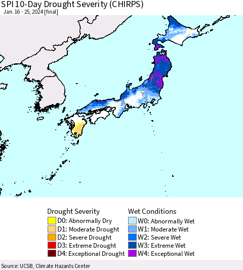 Japan SPI 10-Day Drought Severity (CHIRPS) Thematic Map For 1/16/2024 - 1/25/2024