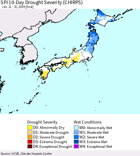 Japan SPI 10-Day Drought Severity (CHIRPS) Thematic Map For 1/21/2024 - 1/31/2024