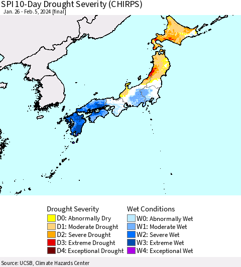 Japan SPI 10-Day Drought Severity (CHIRPS) Thematic Map For 1/26/2024 - 2/5/2024