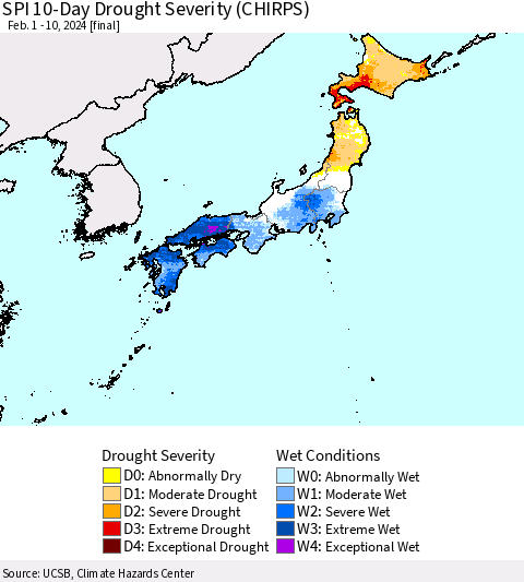 Japan SPI 10-Day Drought Severity (CHIRPS) Thematic Map For 2/1/2024 - 2/10/2024