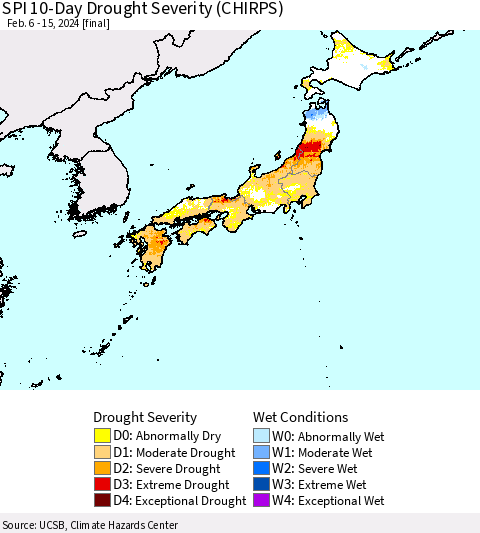 Japan SPI 10-Day Drought Severity (CHIRPS) Thematic Map For 2/6/2024 - 2/15/2024