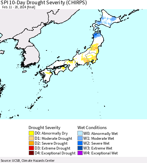 Japan SPI 10-Day Drought Severity (CHIRPS) Thematic Map For 2/11/2024 - 2/20/2024