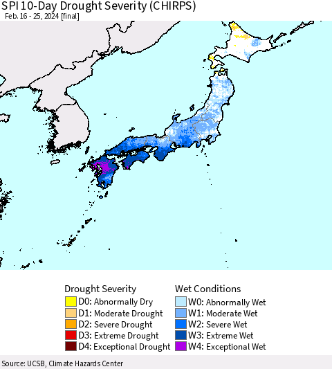 Japan SPI 10-Day Drought Severity (CHIRPS) Thematic Map For 2/16/2024 - 2/25/2024