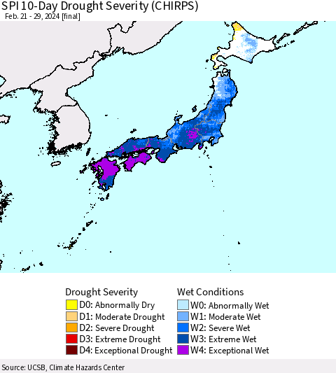 Japan SPI 10-Day Drought Severity (CHIRPS) Thematic Map For 2/21/2024 - 2/29/2024