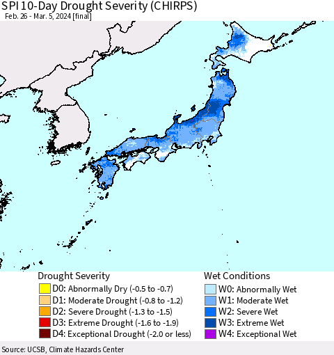 Japan SPI 10-Day Drought Severity (CHIRPS) Thematic Map For 2/26/2024 - 3/5/2024