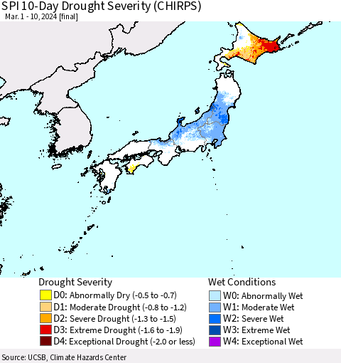 Japan SPI 10-Day Drought Severity (CHIRPS) Thematic Map For 3/1/2024 - 3/10/2024