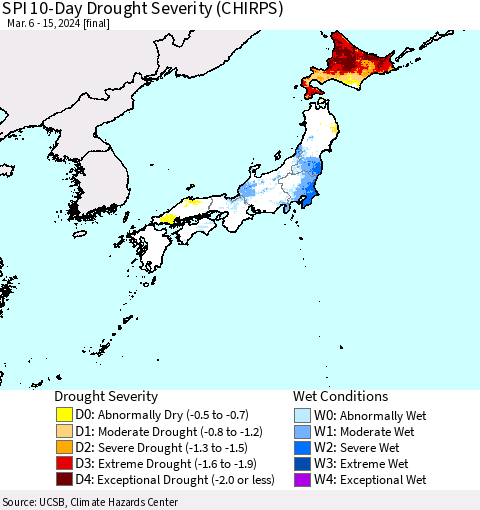 Japan SPI 10-Day Drought Severity (CHIRPS) Thematic Map For 3/6/2024 - 3/15/2024