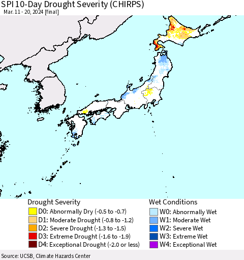 Japan SPI 10-Day Drought Severity (CHIRPS) Thematic Map For 3/11/2024 - 3/20/2024