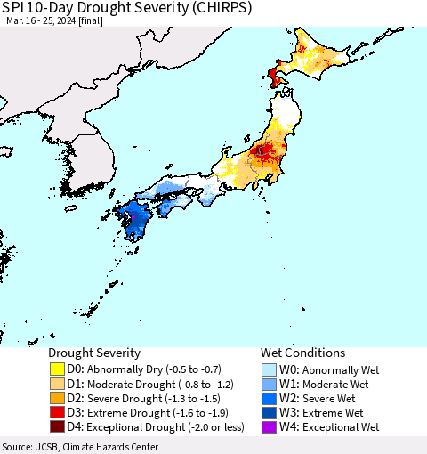 Japan SPI 10-Day Drought Severity (CHIRPS) Thematic Map For 3/16/2024 - 3/25/2024