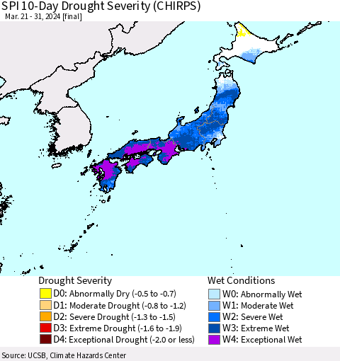 Japan SPI 10-Day Drought Severity (CHIRPS) Thematic Map For 3/21/2024 - 3/31/2024