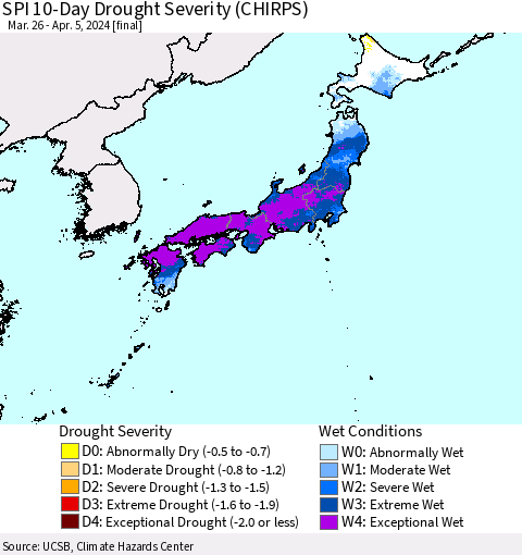 Japan SPI 10-Day Drought Severity (CHIRPS) Thematic Map For 3/26/2024 - 4/5/2024
