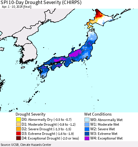 Japan SPI 10-Day Drought Severity (CHIRPS) Thematic Map For 4/1/2024 - 4/10/2024