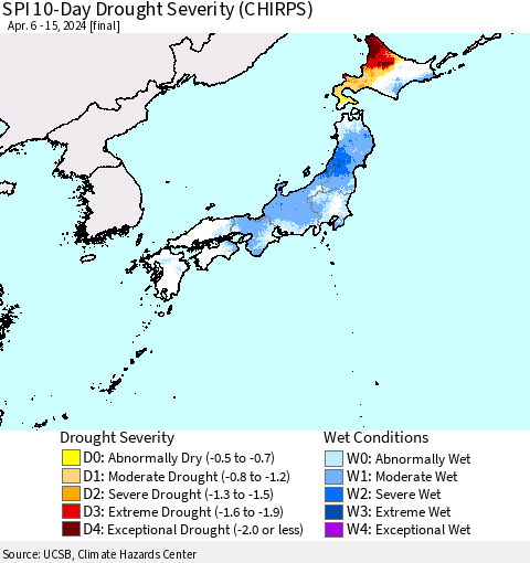 Japan SPI 10-Day Drought Severity (CHIRPS) Thematic Map For 4/6/2024 - 4/15/2024